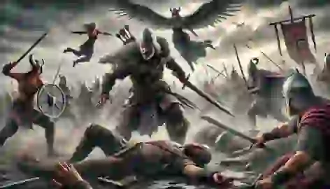 Sigurd battles fiercely while a Valkyrie, Brynhildr, watches from the sky in the midst of a chaotic battlefield.