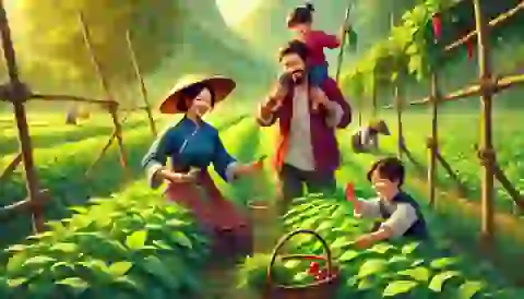 Niulang and Zhinu happily farm together with their two children.