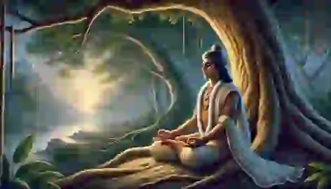 Prince Bhagiratha meditating under a tree, seeking divine intervention for the descent of the Ganges River.