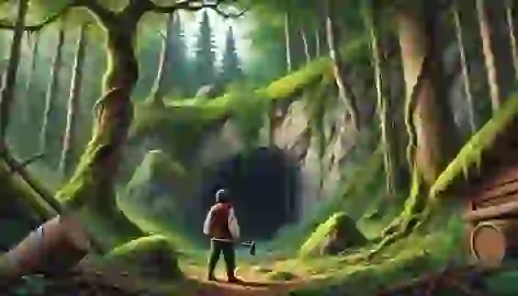 Cemşab stands in awe at the entrance of a hidden cave in a dense forest, holding an axe in one hand.