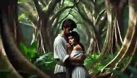 Maria and Juan meet secretly under the shade of ancient Balete trees, embracing each other in sorrow and love.