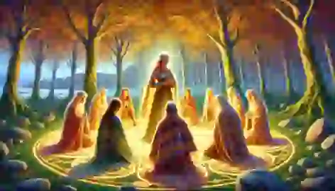 Mairéad kneels before glowing Sídhe council in a golden clearing surrounded by luminous trees, sealing a sacred pact.