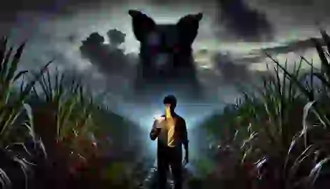 Mateo stands in the dark sugar fields holding a glowing cross, facing a shadowy dog with red eyes.