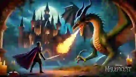 Prince Philip facing Maleficent as a dragon outside the enchanted castle surrounded by a dark forest.