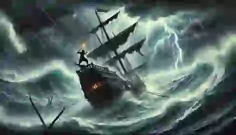 Malin Kundang’s ship is engulfed by a storm at sea, with violent waves and lightning strikes tearing the ship apart.