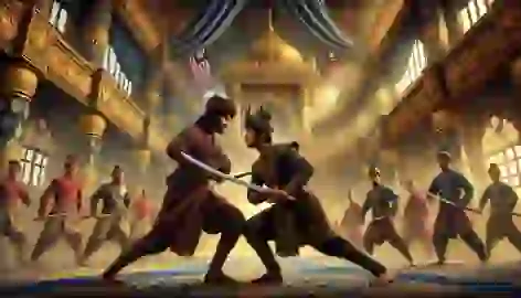 Hang Tuah and Hang Jebat locked in a fierce duel inside the opulent Sultan