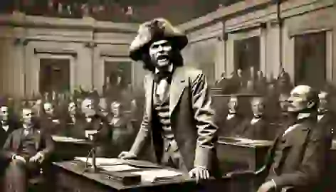 Davy Crockett passionately delivering a speech in Congress, opposing the Indian Removal Act.