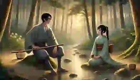 Kage, transformed into a young man, sits by a forest stream with Aiko as the sun sets behind them