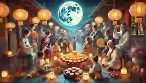 Families gather under a full moon, enjoying mooncakes and lanterns, while elders share stories.