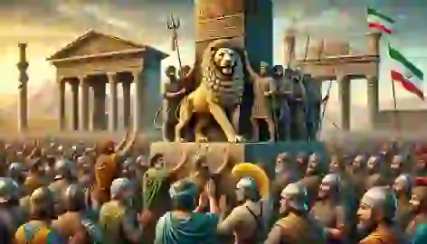 Third column of Persepolis with lion symbol, surrounded by citizens and soldiers.