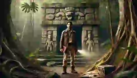 Javier, the archaeologist, stands at the entrance of the hidden Mayan temple with carved stone walls.