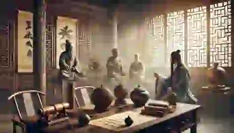 Ancient Chinese philosophers study Tao Tie artifacts in a serene, sunlit study surrounded by scrolls and books.