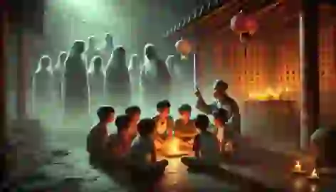 An elder tells ghost stories to children under a misty night sky, with shadowy figures near a burning altar in the background.