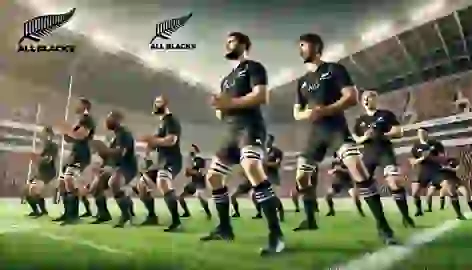 The New Zealand All Blacks rugby team performing the haka in a stadium before a match, with spectators in the background.