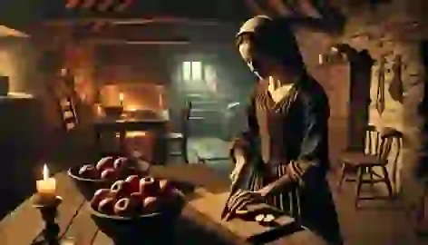 A stepmother chops apples in a dark, medieval kitchen with a cold and calculating expression.