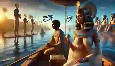 Scribe and priestess journeying on a boat along the Nile, surrounded by papyrus reeds and golden sunlight.