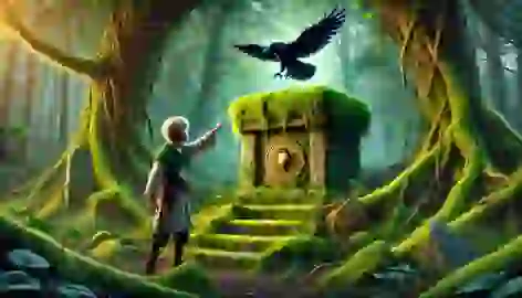 Erik touches the glowing raven-shaped amulet on a moss-covered pedestal in the ruins of the Black Forest.