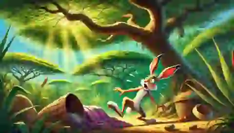 Hare waking up under a large acacia tree, realizing he has overslept during the race.