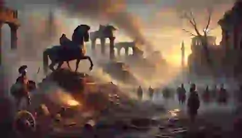  The ruins of Troy smolder in the dawn light, with Greek soldiers surveying the destruction and victory.