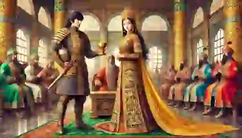 Alpamys presenting the Golden Cup of Tengri to the Khan in a grand hall with Gulbarshin watching.