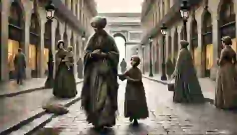 Aged Matilda walks towards her friend Mme. Forestier on the Champs-Élysées, ready to reveal the truth about the necklace.