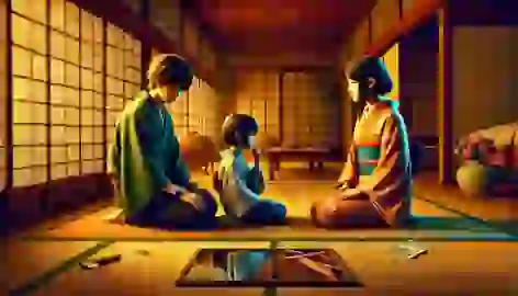 The worried Tanaka family with a broken mirror on the floor, sensing misfortune.