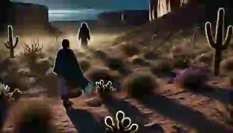 Leona walks alone in the desert at twilight, followed by a dark silhouette moving through the cacti behind her.