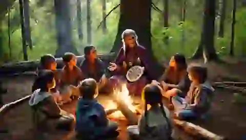 Aiyanna teaching young villagers about Anishinaabe traditions and spirituality.