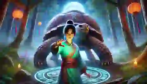 Village girl Mei stands bravely with the Black Tortoise, holding a glowing jade pendant near a moonlit lake.