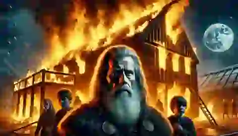 The burning of Njál’s home with Njál, Bergþóra, and their sons inside, engulfed in flames.