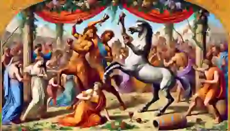  A wedding feast turns chaotic as a centaur grabs the bride, surrounded by humans and centaurs in a festive setting.