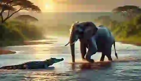 The Elephant and Crocodile crossing a wide river together, guided by their bond of friendship.