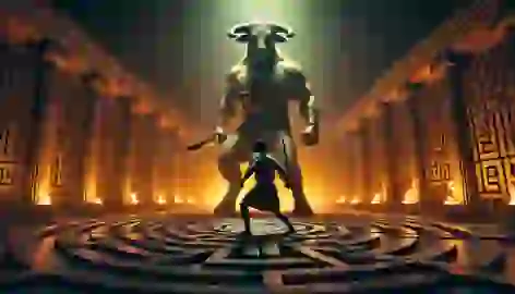 Theseus confronts the Minotaur in the labyrinth, standing ready with his sword as the towering beast prepares to attack.