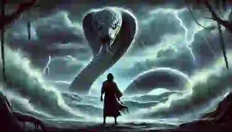 Awan stands at the stormy lake’s edge, ready for his sacrifice, while the Great Serpent coils in the water and watches.