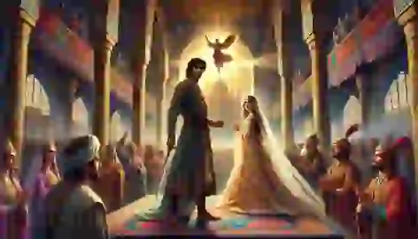 Arash and Aylin defy King Rostam in a Persian palace as divine light begins to descend upon them.