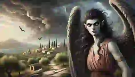 Celaeno, the harpy, stands on a cliff overlooking a peaceful Greek village with dark storm clouds behind her.