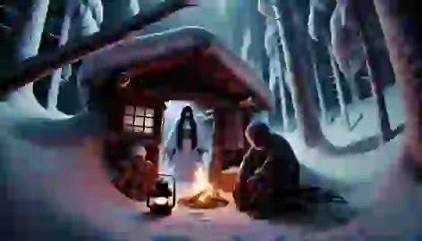 Yoshiro, an elderly woodcutter, sits inside a cave while Yuki-onna appears at the entrance during a blizzard.