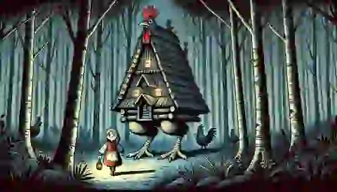 Vasilisa, a young girl with a determined expression, approaches Baba Yaga