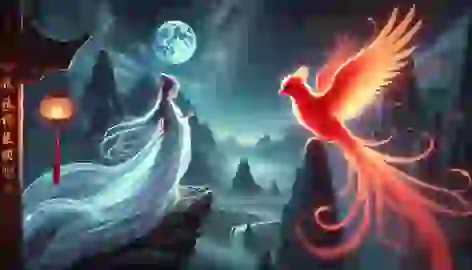 Zhuque and Chang’e, the moon goddess, meet on a cliff under the stars, glowing with divine light.