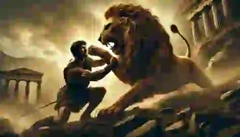 Heracles wrestling the Nemean Lion in a rugged landscape, with intense expressions and dramatic lighting.