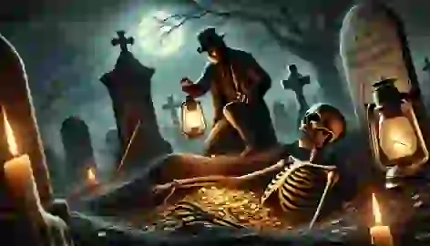 Sardonicus digging up his father’s grave by lantern light, pulling gold coins from a skeleton’s hand in a moonlit cemetery.