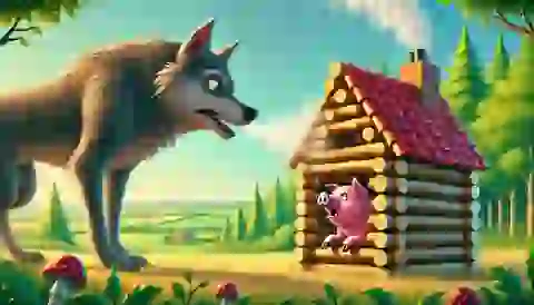 The wolf blowing down the stick house of the second little pig.