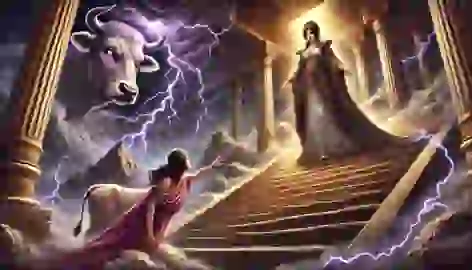 Hera stands on a staircase, looking down at a woman turned into a cow in a scene of righteous anger and lightning.