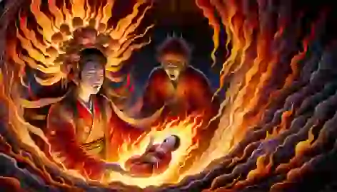 Izanami gives birth to Kagutsuchi, the fire god, as Izanagi looks on in horror, surrounded by flames.