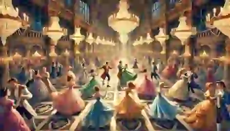 Princesses and princes joyfully dancing in a grand palace ballroom with crystal chandeliers and marble floors.