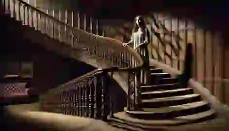 Eleanor stands distressed at the top of a grand staircase in Hill House, clutching the bannister as shadows loom on the walls.