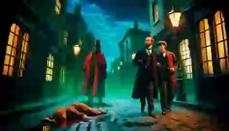 Mr. Utterson and Mr. Enfield witness Mr. Hyde trampling a young girl on a dark cobblestone street in London.