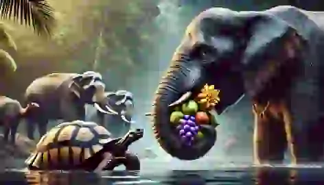 The Elephant bites into a large fruit, while the Tortoise carefully examines the smaller one, jungle animals observing