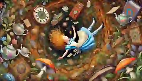 Alice falling down a rabbit hole surrounded by floating objects like books, teacups, and clocks in a swirling tunnel.