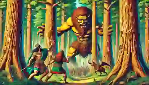 Gilgamesh and Enkidu confronting the demon Humbaba in the Cedar Forest. The forest is dense with towering cedar trees, and Humbaba is depicted as a fearsome creature.